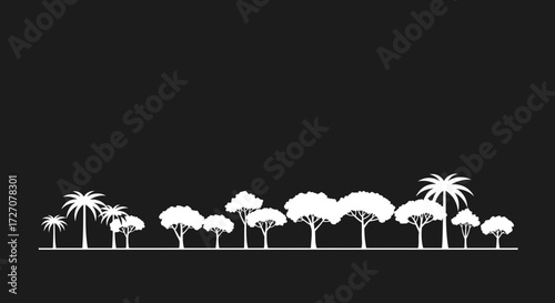 Monochrome tree silhouette landscape on black background for design elements