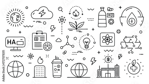 A collection of icons representing environmental themes and energy sources, including trees, solar panels, and wind turbines..eps