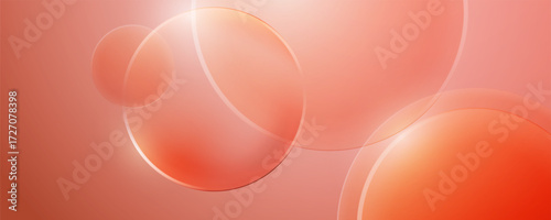 Abstract peach glass background with glowing transparent circles and bubbles
