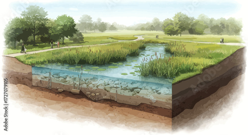 Watercolor illustration of a constructed wetland showcasing filtration and ecosystem