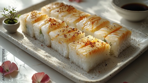 Delicious squarepressed sushi with white fish, spicy garnish, and soy sauce on ceramic plate with flowers in sunlight