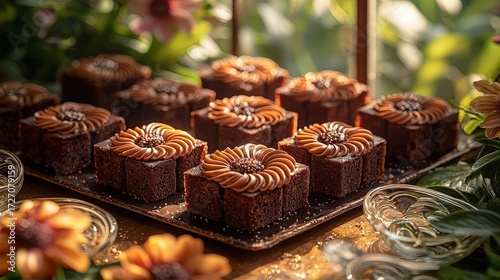 Elegant chocolate flower cupcakes with caramel icing on a tray in sunlit garden setting, perfect for dessert party displays