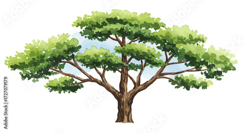 Watercolor illustration of a majestic tree with spreading branches and vibrant foliage