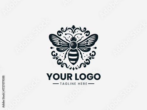 Ornate antique honey bee vector logo with detailed wings and vintage patterns for heritage brand identity