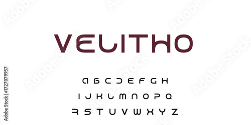 Modern sans serif font alphabet and word velitho in dark red