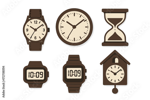 Different types of clocks and watches showing time in various styles and designs on a simple background