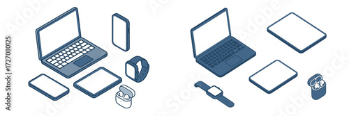 Different types of electronic devices arranged neatly on a white background showcasing modern technology