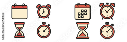 Various timekeeping symbols including clocks, calendars, and hourglasses displayed on a light background