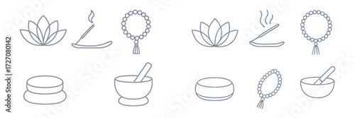 Symbols of mindfulness and meditation featuring lotus flowers, incense, and mala beads