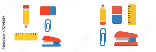 Various school supplies arranged on a plain background showcasing writing and office tools for students and professionals