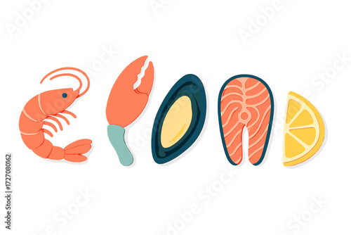 Colorful seafood collage featuring shrimp, lobster, fish, mussels, and lemon slices on a white background