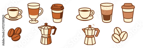 Different styles of coffee served in various cups with coffee beans and brewing equipment displayed