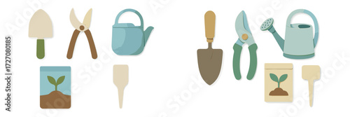 Gardening tools arranged neatly with seed packets and watering can for spring planting