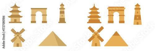 Different types of famous landmarks from around the world displayed in a colorful and simple design style