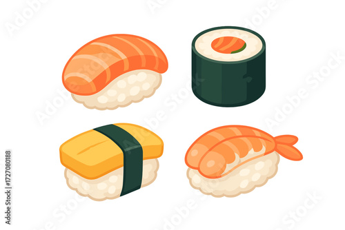 Diverse sushi selection featuring salmon nigiri, cucumber rolls, tamago, and shrimp