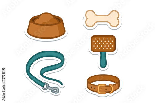 Essential dog care items including a bowl, bone, leash, collar, and grooming tool arranged flat on a white background