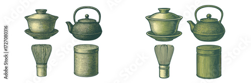 Collection of traditional tea utensils displayed symmetrically on a white background, showcasing various styles and forms