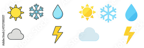 Weather symbols depicting sun, snow, rain, lightning, and clouds in a clear and simple design for educational purposes