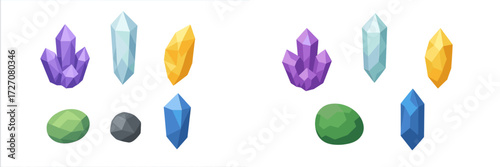 Various colorful crystals and stones arranged neatly on a white background ideal for decoration or design purposes