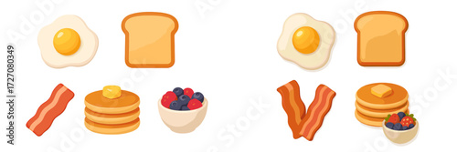 Delicious breakfast spread featuring eggs, pancakes, bacon, and fresh fruit for a sunny morning meal