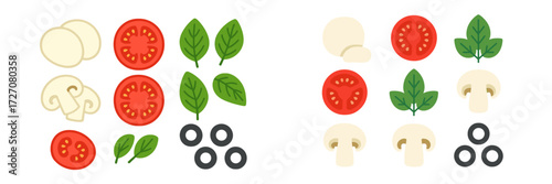 Colorful arrangement of fresh vegetables and herbs for making a healthy salad or pizza topping