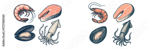 Various types of seafood including shrimp, salmon, oysters, and squid displayed in artistic arrangement