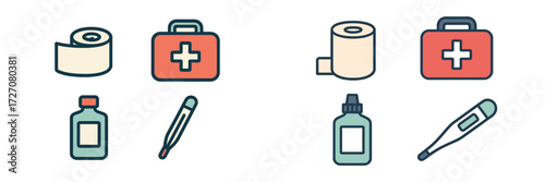 Medical supplies and tools used for first aid and health care displayed on a flat surface