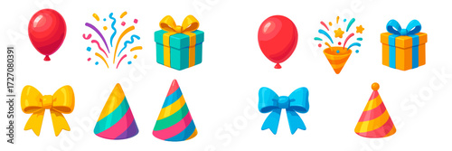 Festive party decorations with colorful balloons, gifts, and party hats set against a bright background for celebrations