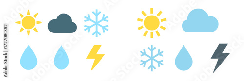 Weather symbols representing sun, clouds, snowflakes, and rain for educational materials or design projects