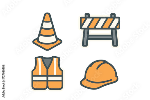 Construction safety gear including cones, barriers, vests, and helmets in a work area