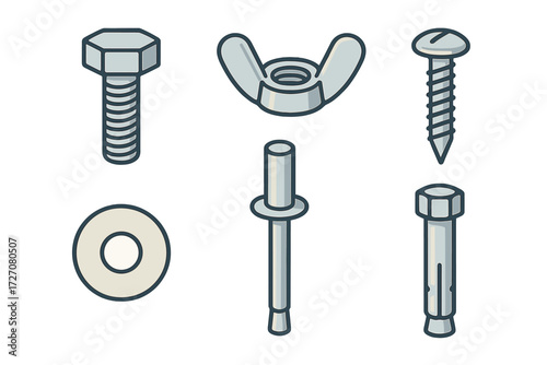 Various hardware components including screws, bolts, washers, and anchors displayed in a flat layout