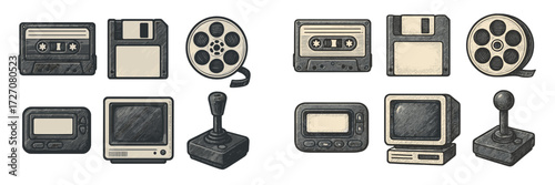 Collectible audio and video devices from the past displayed together, showcasing retro technology and entertainment history