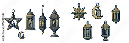 Decorative lantern designs featuring stars, moons, and traditional shapes for festive occasions