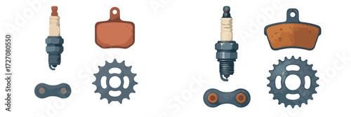 Close-up view of various mechanical parts including spark plugs and bike chain components on a neutral background