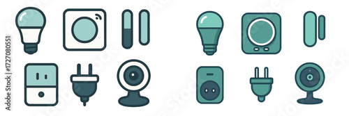 Modern smart home devices including light bulbs, plugs, and cameras on a clean white background