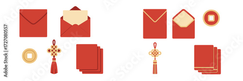 Festive red envelopes and decorative items arranged for a traditional celebration in a cultural setting