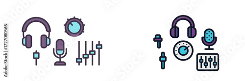 Illustrations of audio equipment including headphones, microphones, and sound controls in a modern design setting