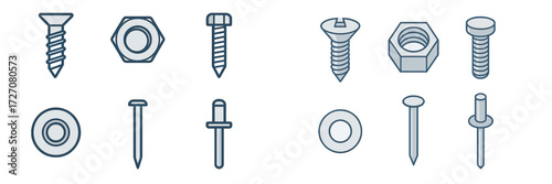 Various types of common fasteners arranged in an organized layout for construction and DIY projects