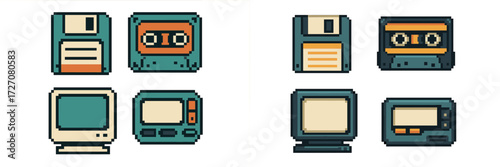 Vintage technology icons showcasing floppy disks, cassettes, and retro computers in pixel art style