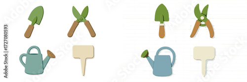 Garden tools and accessories arranged in a neat layout for planting and caring for plants during springtime gardening activities
