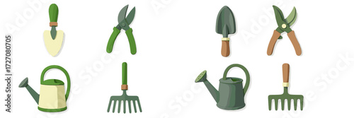 Collection of gardening tools on a white background showing essential equipment for plant care and maintenance