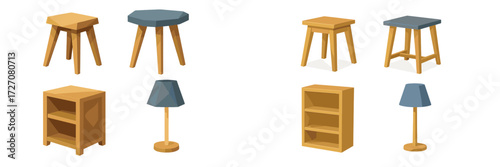 Various wooden furniture pieces displayed in a minimalist style with simple designs