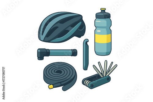 Essential cycling gear including helmet, water bottle, and repair tools for safe rides