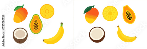 Colorful tropical fruits like mango, pineapple, papaya, coconut, and banana arranged in a fun and playful style on a simple background