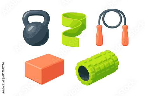 Fitness equipment including kettlebell, resistance band, jump rope, foam roller, and yoga block for workout sessions