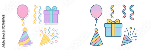 Colorful party decorations featuring balloons, gifts, and festive items for celebrations and events