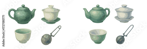 Elegant collection of tea pots, cups, and infusers arranged in a pleasing layout for a serene tea time