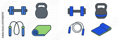 Fitness equipment icons including dumbbells, kettlebells, jump ropes, and exercise mats on lined background