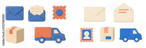 Colorful icons representing mail items and delivery vehicles in a modern design setting