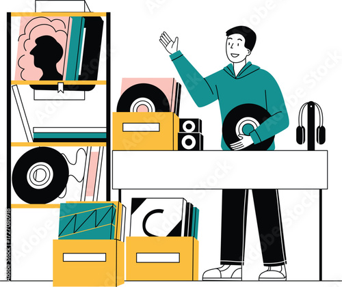 Smiling man showcasing music records, vinyls, and speakers at vintage flea market booth